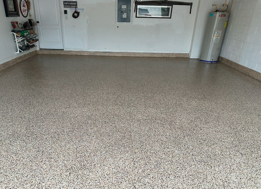 Finished tan flake polyaspartic floor