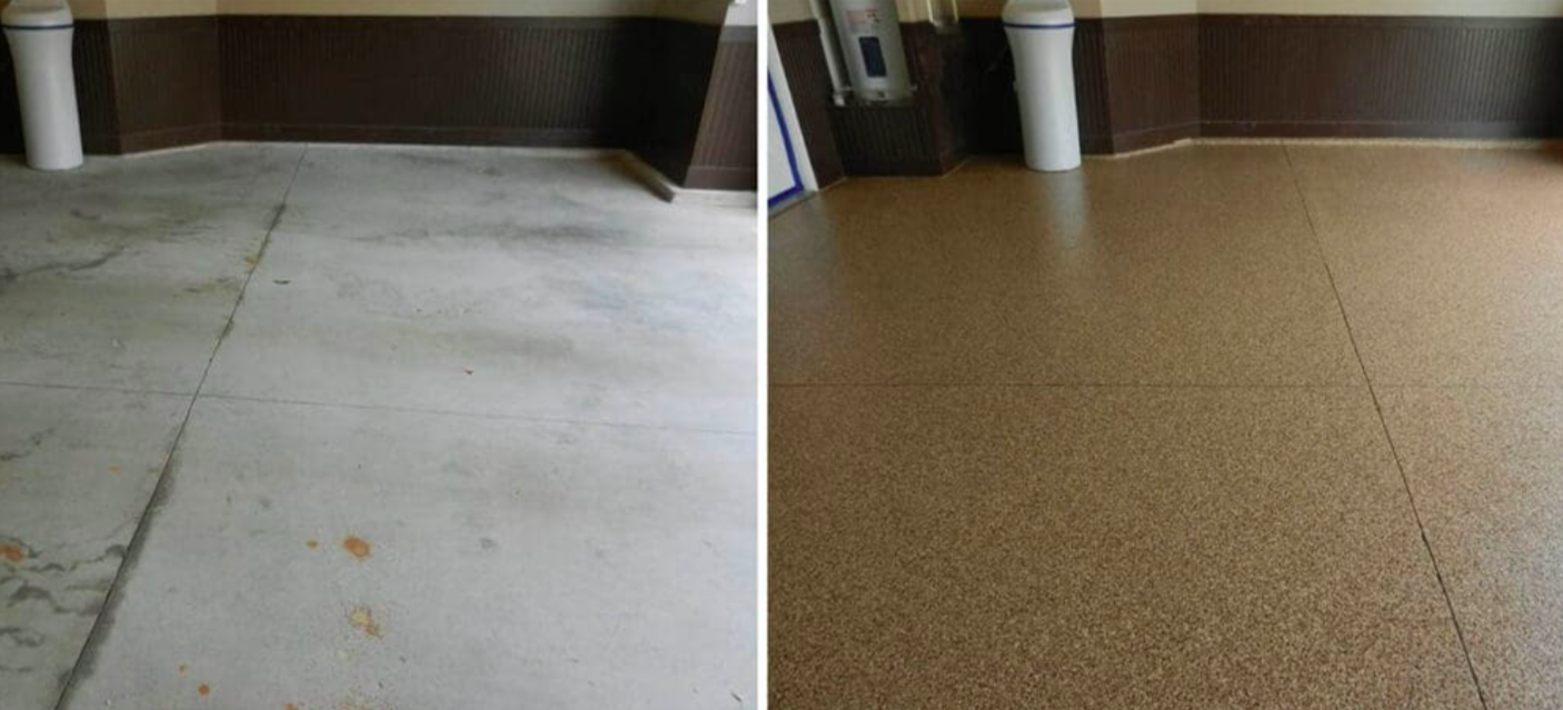 Side-by-side before and after of a flake floor