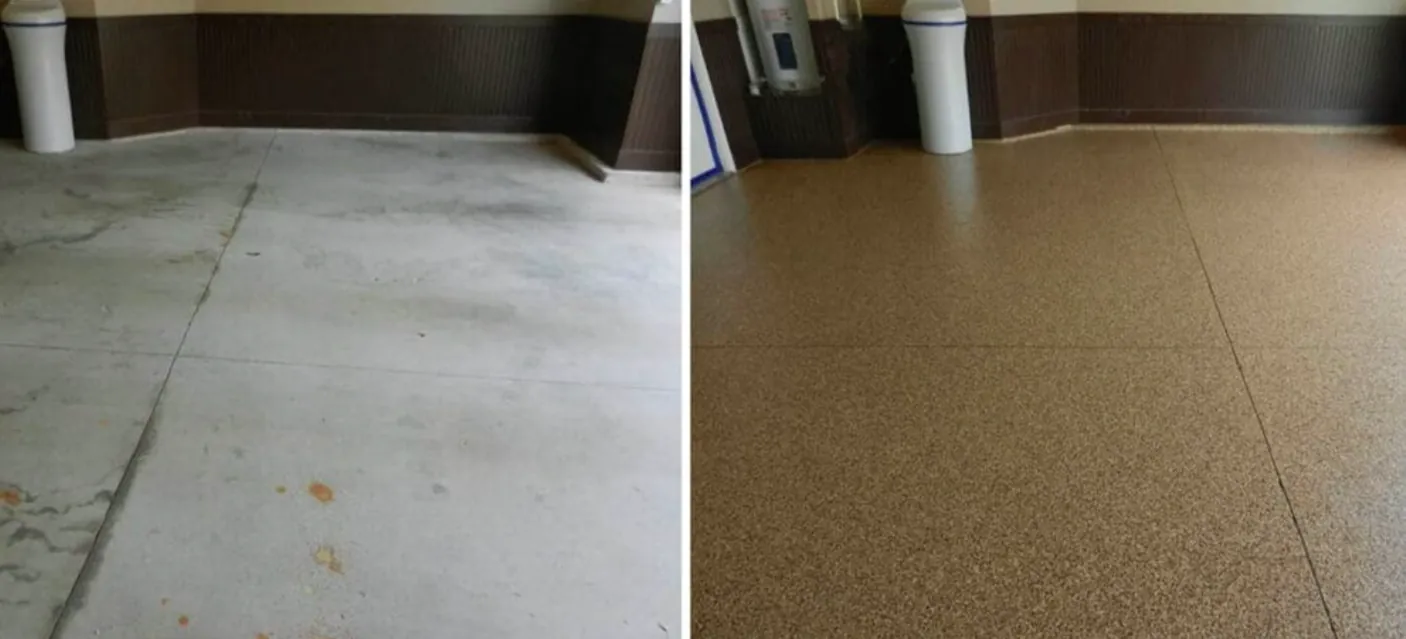 Side-by-side before and after of a flake floor
